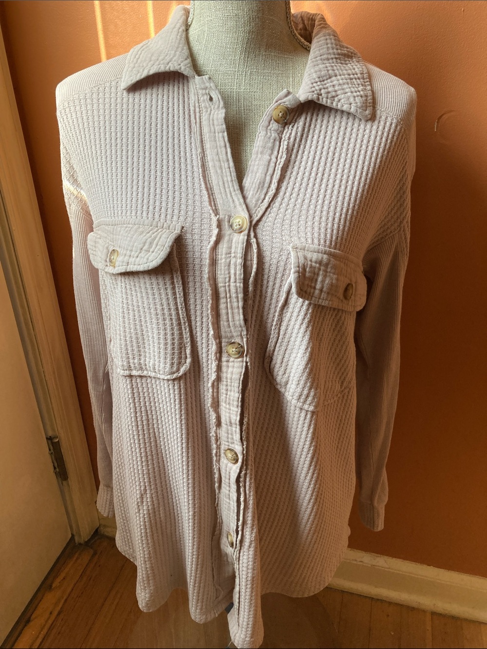 NWT Briggs Tan  Waffle Knit Button-Up Shirt - Blush Pink